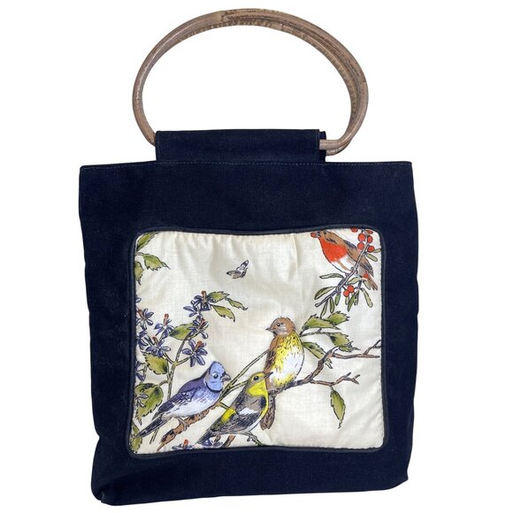 Quilted Bird Tote Bag Purse Lined Black Fabric Handbag Pocket Blue Jay Vintage - Picture 1 of 12